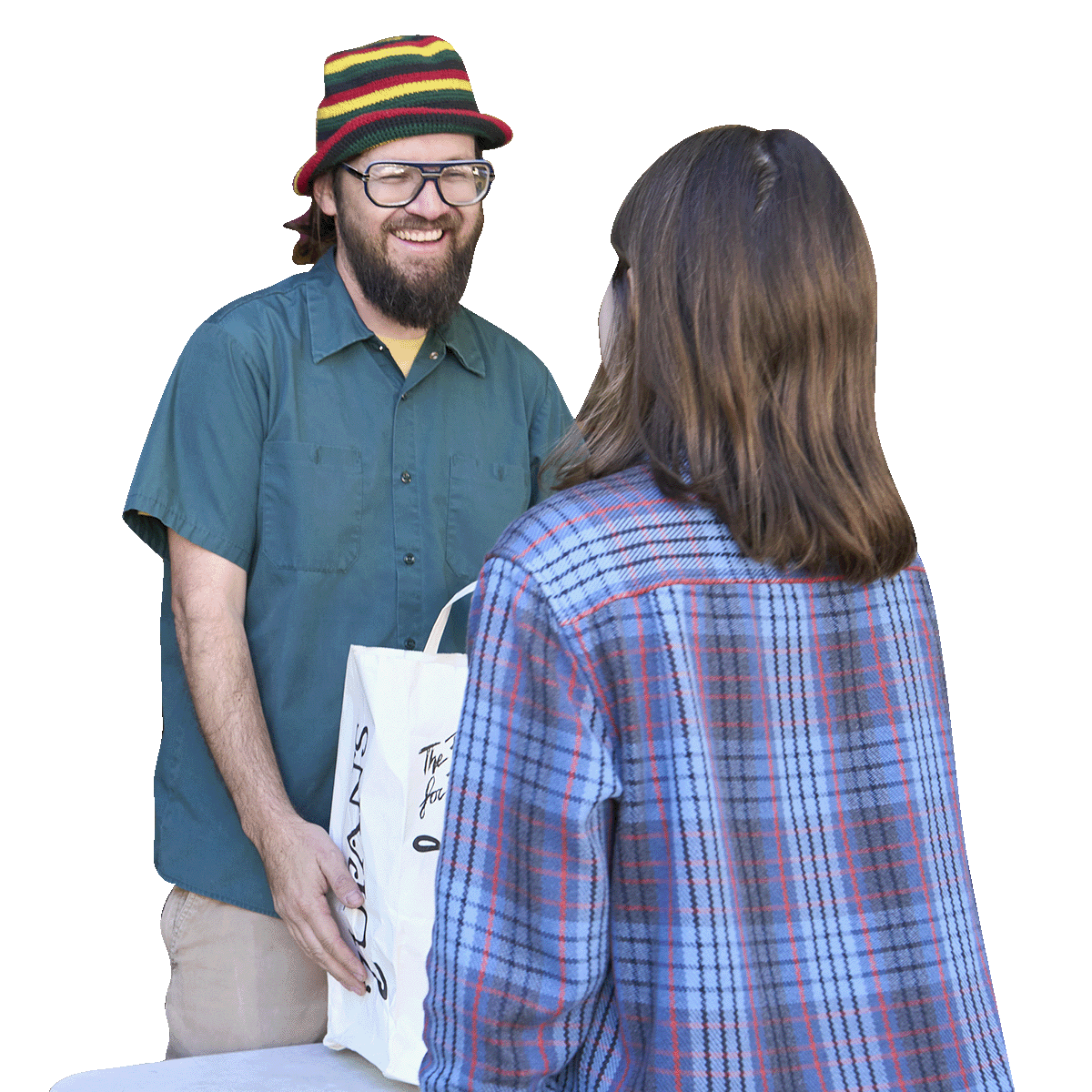 Photo of a friendly volunteer accepting donations from a patron, smiling and chatting while doing so